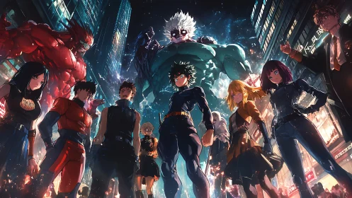 Nighttime hero team stands united in a glowing city street.