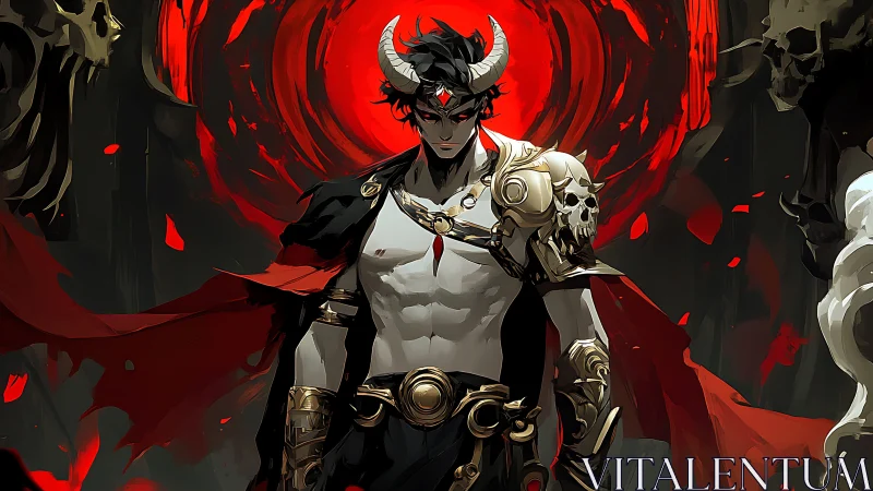 Horned dark prince framed by a swirling crimson portal.