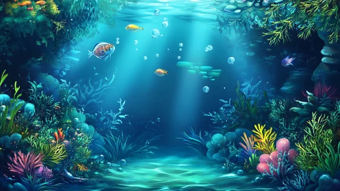 Sunlit coral kingdom where playful reef fish wander.