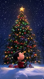 Star-topped Christmas tree glows above child in snowfall.