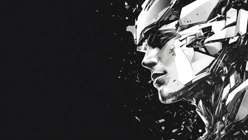 Shattered chrome cybernetic portrait emerges from darkness.