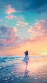 Solitary girl walks along reflective shore at vivid sunset