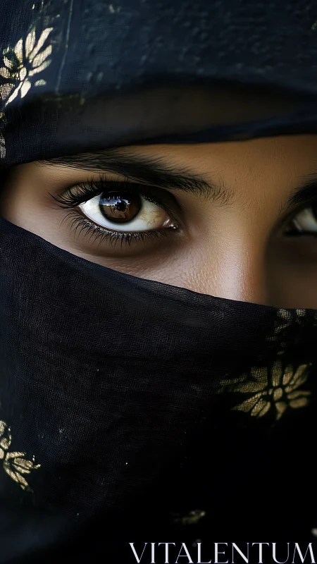 Close-up portrait of covered face with intense brown eyes.
