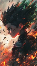 Dynamic anime warrior profile in blazing elemental vortex.