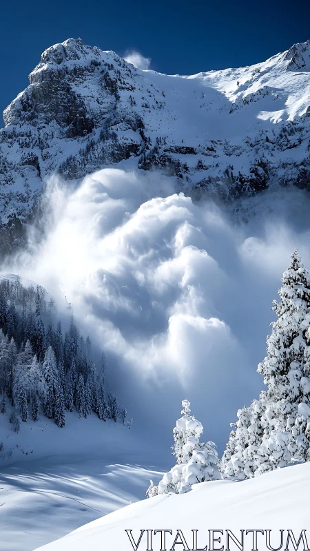 Snow avalanche descending a steep alpine mountain slope.