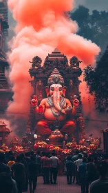 Large Ganesha statue before crowd with orange smoke plume.
