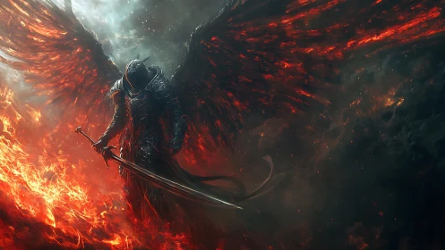 Fallen dark angel with flaming wings and greatsword in inferno.