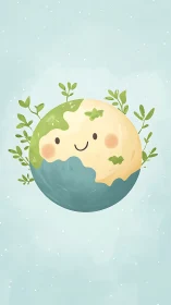 Smiling sprout-covered planet floating in pastel sky.