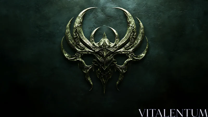 Metallic horned emblem is centered on dark textured field