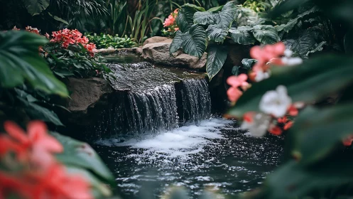 Shallow garden waterfall cascades into reflective koi pond