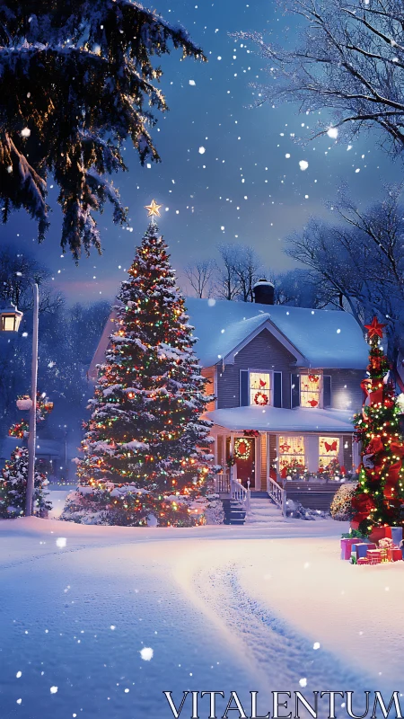Snow covered suburban house with outdoor Christmas lights.