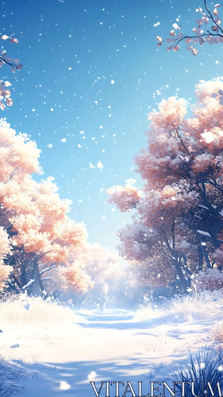 Snow covered forest path under clear sky with peach foliage