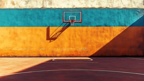 Sunlit urban hoop waits quietly on a colorful city court