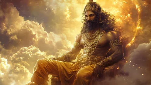Golden-armored celestial ruler seated amid volumetric sunlit clouds