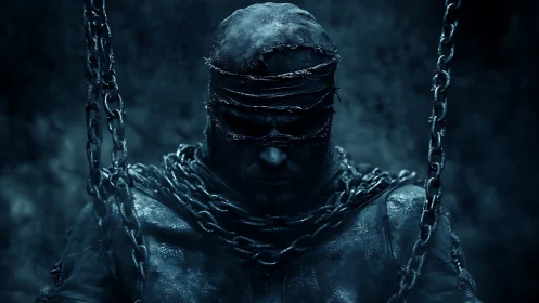 Shrouded sentinel broods beneath chains in frozen midnight glow