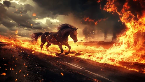 Equine silhouette traversing inferno landscape with pyrotechnic atmospheric effects