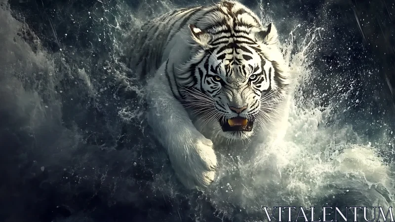 White tiger surge through stormy surf with dynamic splash detail