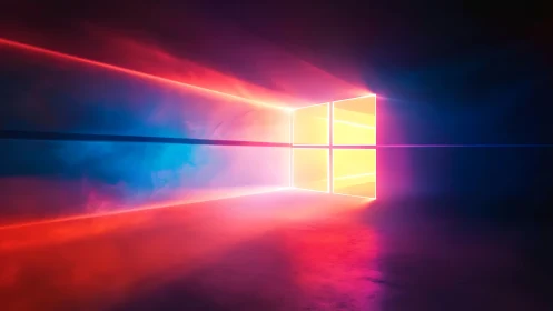 Neon light window logo in dark gradient environment.