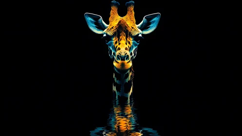 Chromatic giraffe portrait with neon edge lighting in water.