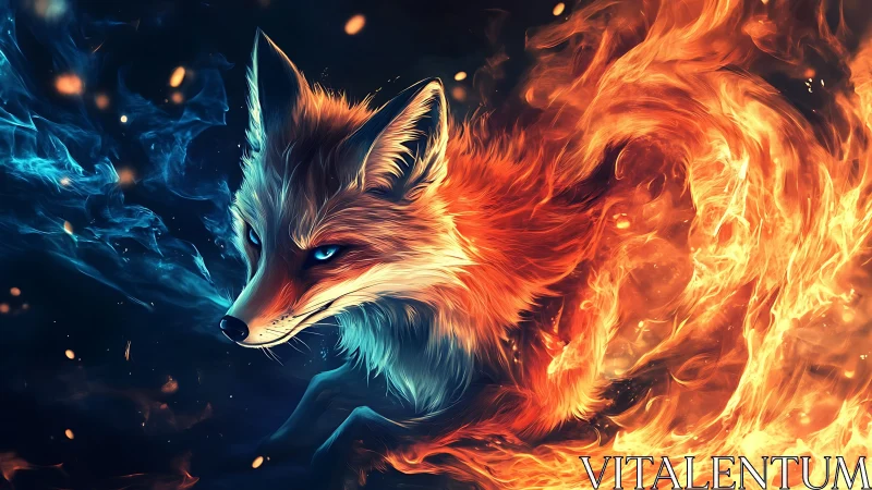 Fox-shaped elemental figure with contrasting fire and ice forms.