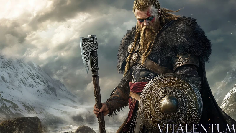 Viking warrior stands armed with axe and shield in snow.