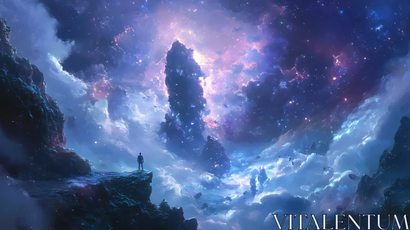 Lone observer faces luminous cosmic storm over cliffs.