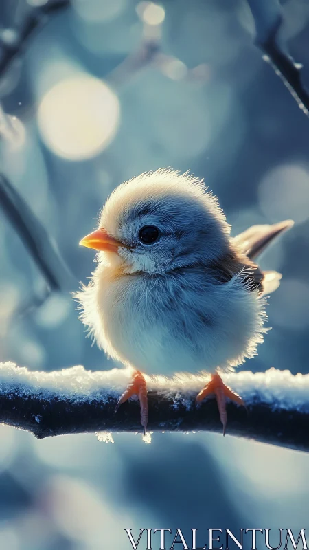 Fluffy Winter Chick Perched on Frosted Branch