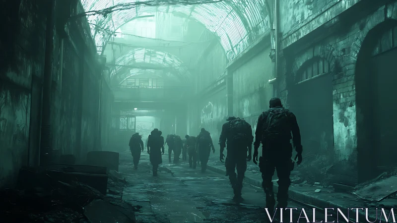 Militant figures cross decayed green-lit urban corridor.