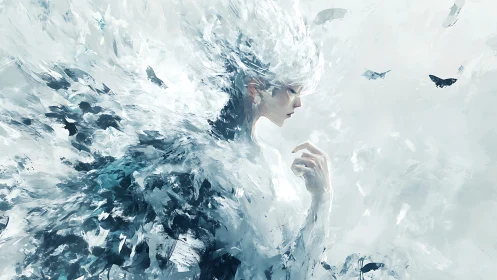 Ethereal female figure dissolves into dynamic icy brushstrokes