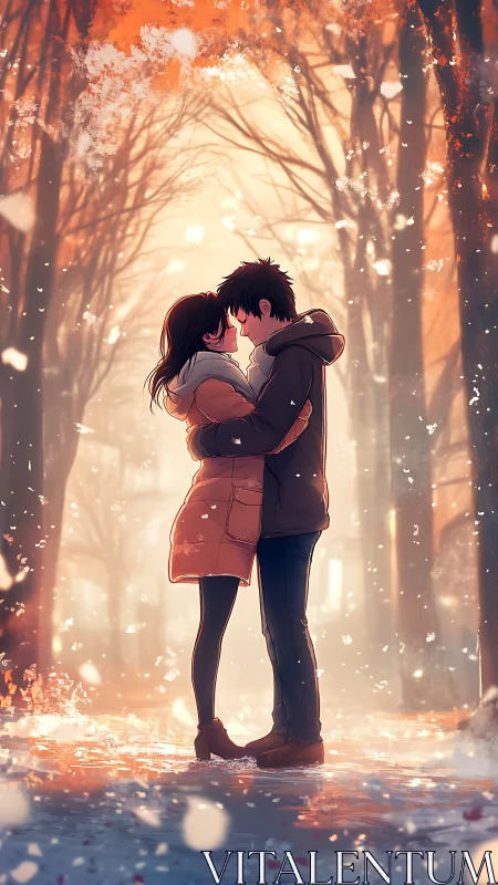 Winter Romance: Couple Embracing in Autumn Forest Glow.