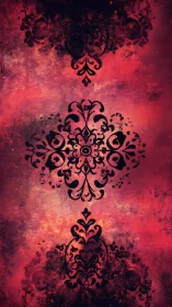 Baroque damask motif on distressed crimson textured field.