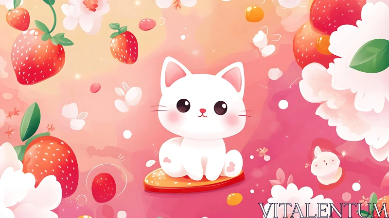 Cute White Cat Surrounded by Strawberries and Flowers.