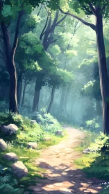 Luminous Forest Path: Dappled Sunlight Through Ancient Woodland.