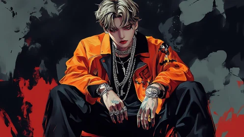 Digital portrait shows seated figure in orange jacket and jewelry