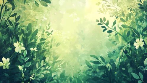 Sunlit botanical clearing with soft watercolor foliage glow.