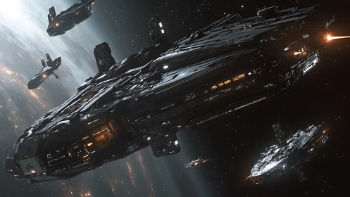 Commanding star cruiser leading armored fleet through void.