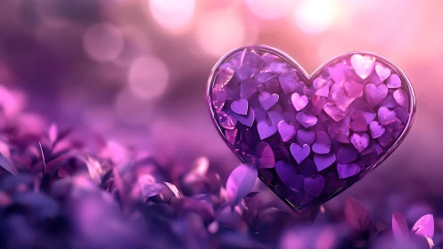 Glass Heart Filled with Purple Hearts Against Blurred Bokeh.