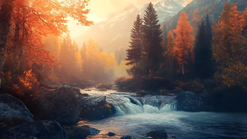 Autumn river cascade under diffused alpine backlight glows