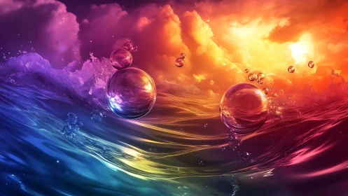 Iridescent water orbs drift across a radiant neon sunset sea