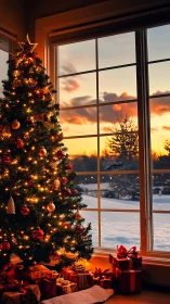 Glowing Christmas tree beside winter sunset window scene.