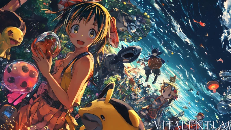 Crowded anime landscape with children and creature balloons.