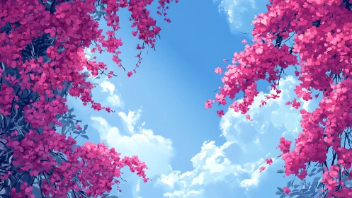 Digital painting of pink floral canopy framing open sky.