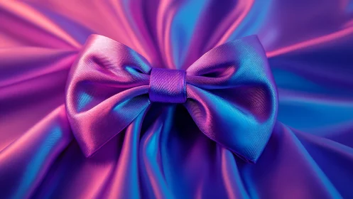 Iridescent satin bow on vivid purple blue fabric surface.