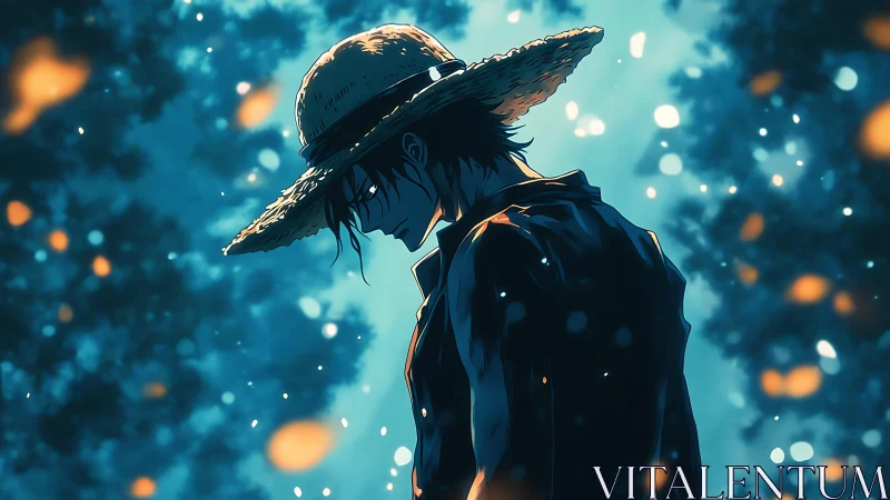 Solitary anime wanderer bows under a straw hat at dusk