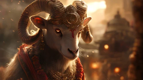 Regal horned goat in ornate ceremonial attire at dusk.