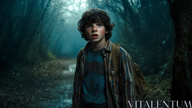 Frightened adolescent hiker in cinematic low‑key forest lighting.