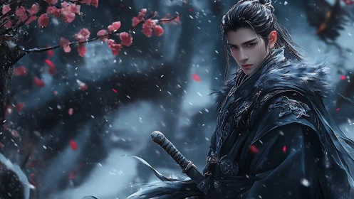 Sword-bearing figure in winter landscape with falling petals.