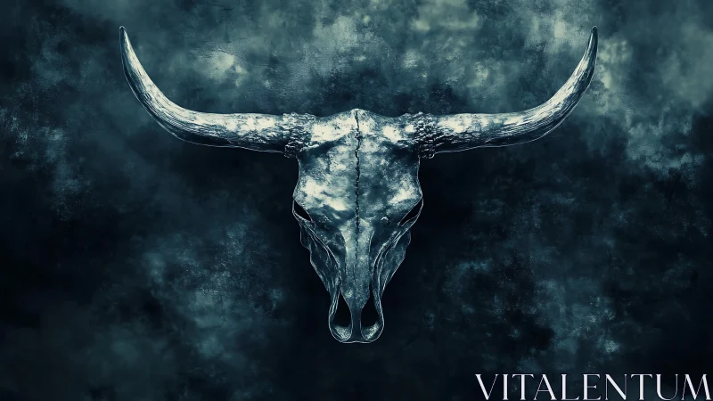 Weathered longhorn skull glowing in a moody blue haze.