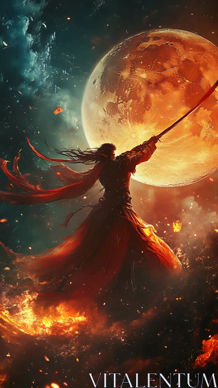 Digital painting of lunar warrior in dynamic fiery composition.