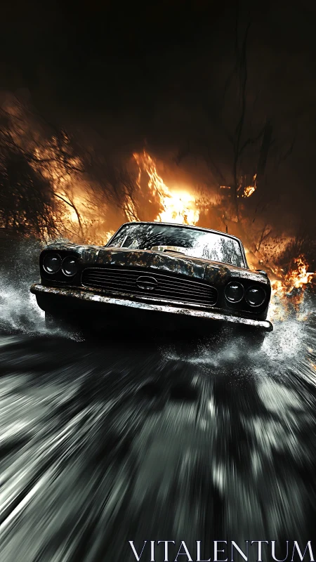 High-Velocity 1960s Sedan Executing Precision Aquatic Maneuver Through Inferno.